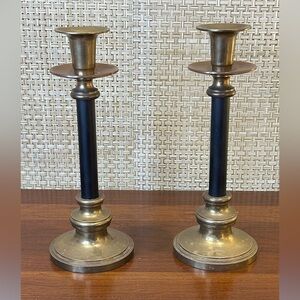 VTG 1960s-70s Pair 10" Mid-Century Brass & Black Taper Candlesticks Hong Kong